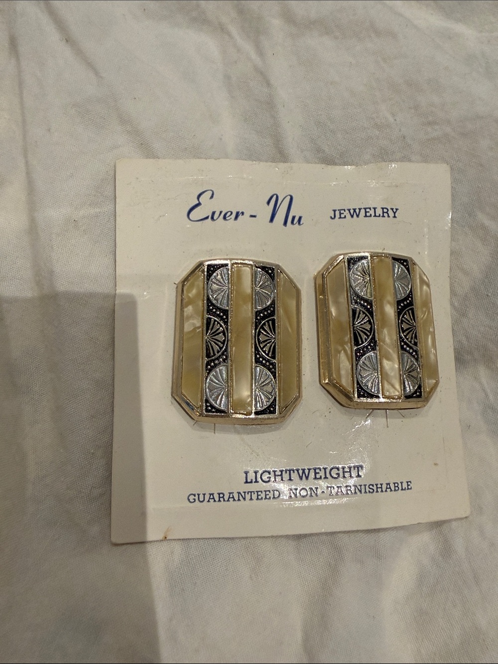 Cream and Silver Vintage Geometric clip Earrings